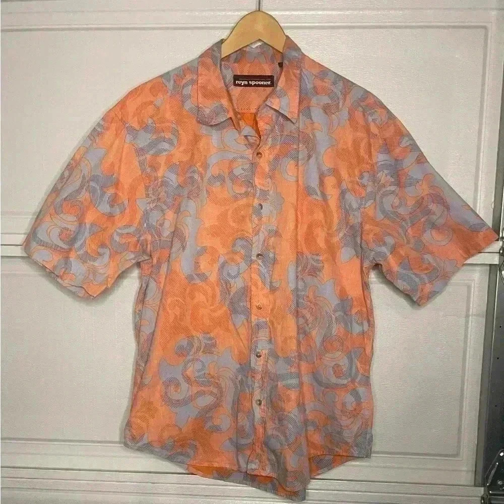 Reyn Spooner Reverse Print Orange Short Sleeve Shirt Men's Size XL